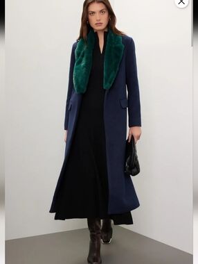 Marina Moscone Navy Faux Fur Wool Long Coat Size 14